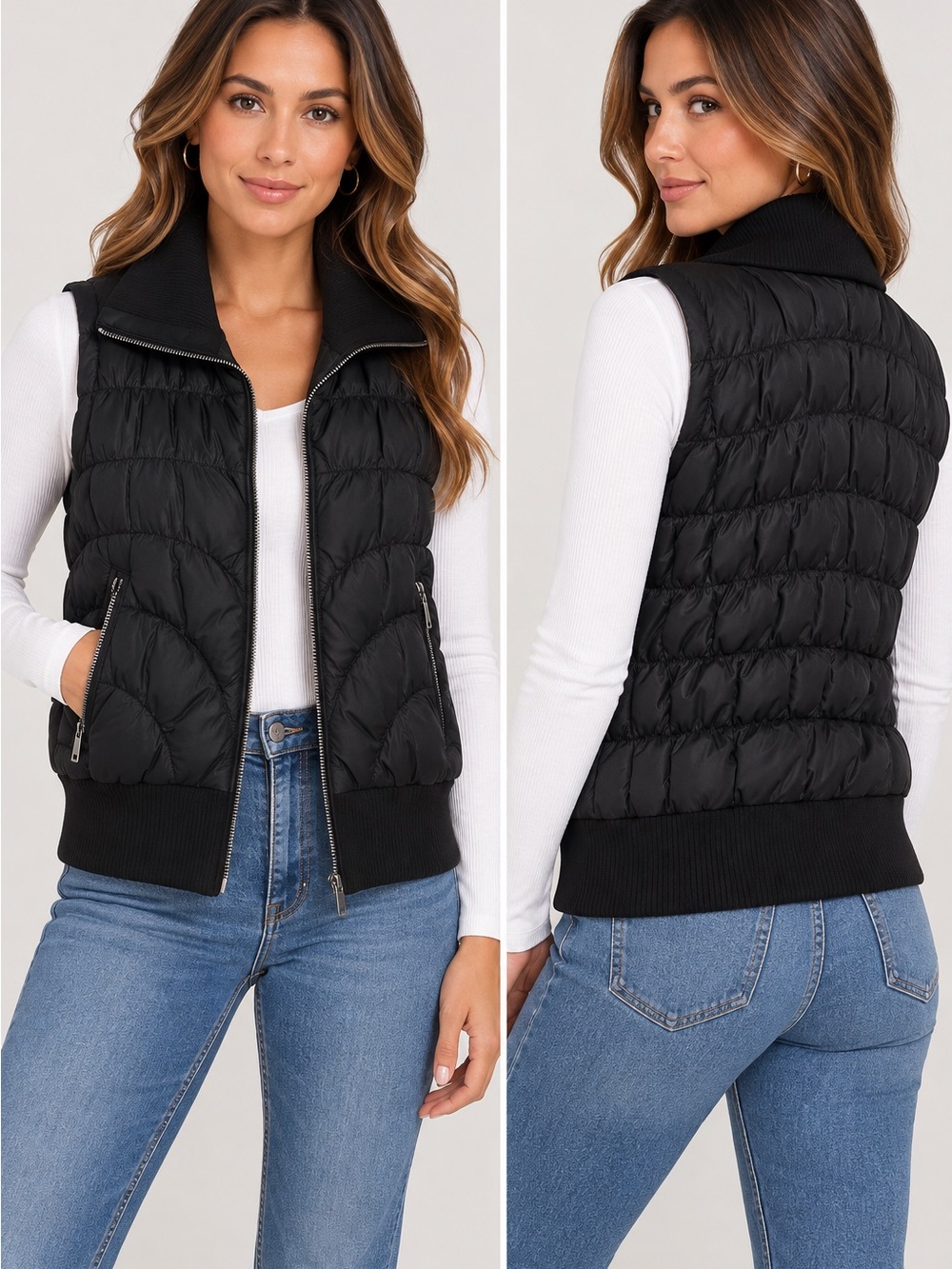 Express Women’s Black Puffer Vest Size M Quilted Ribbed Collar Zip Pockets